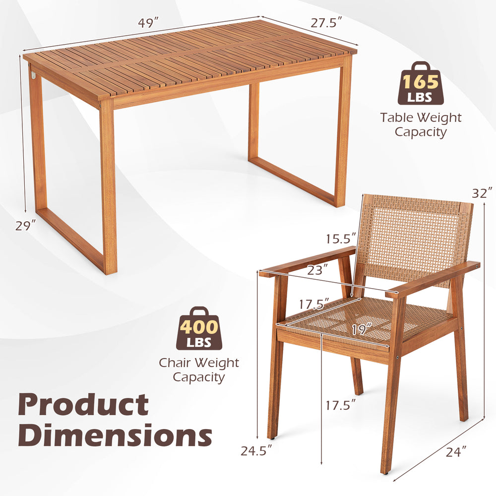 Dimensions of the 5-piece acacia wood dining set with rattan chairs, showcasing table and chair weight capacities.