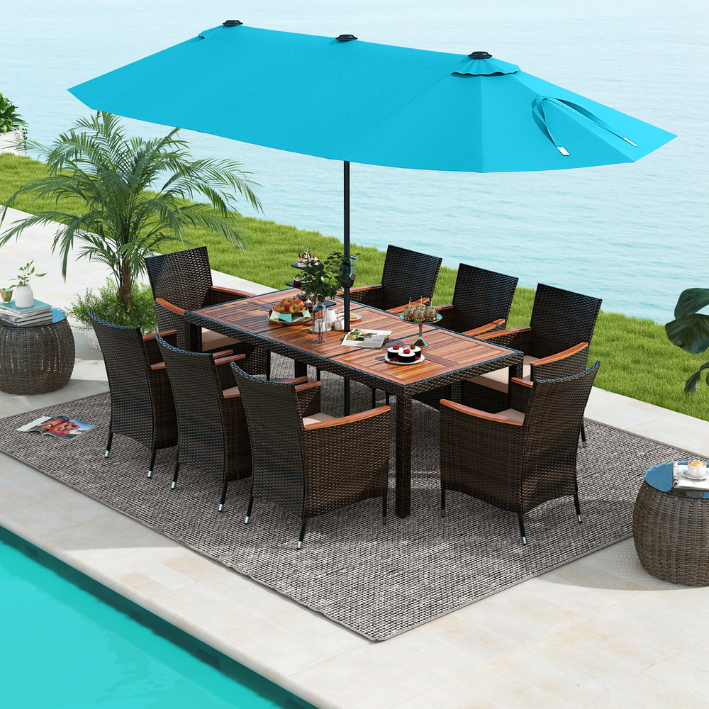 Patio dining set with 15ft double-sided umbrella, featuring hand-woven PE rattan and 8 stackable chairs for outdoor.