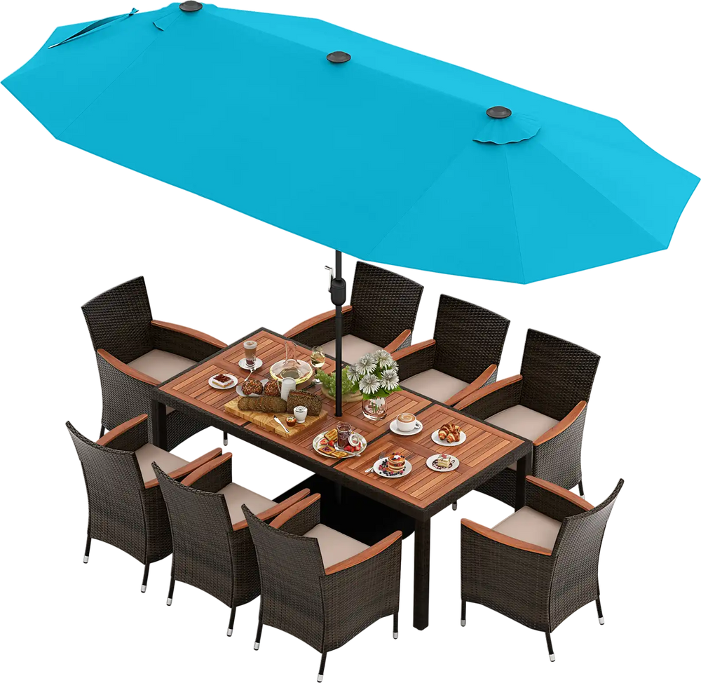 Patio dining set featuring a large acacia wood table and turquoise double-sided umbrella with eight stackable rattan.