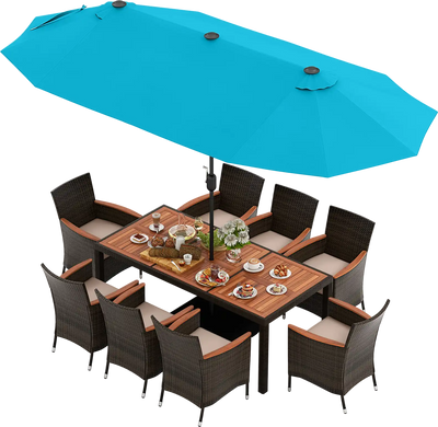 Costway 11-Pc Patio Dining Set w/ 15' Double-Sided Umbrella & 8 Stackable Rattan Chairs 25652813 New