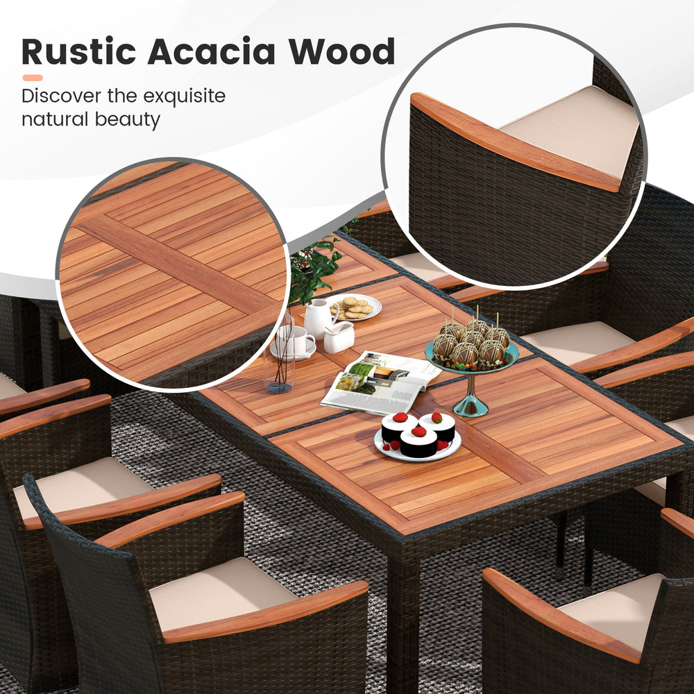 Close-up of the rustic acacia wood tabletop in the 11-piece patio dining set with stackable chairs for outdoor dining.