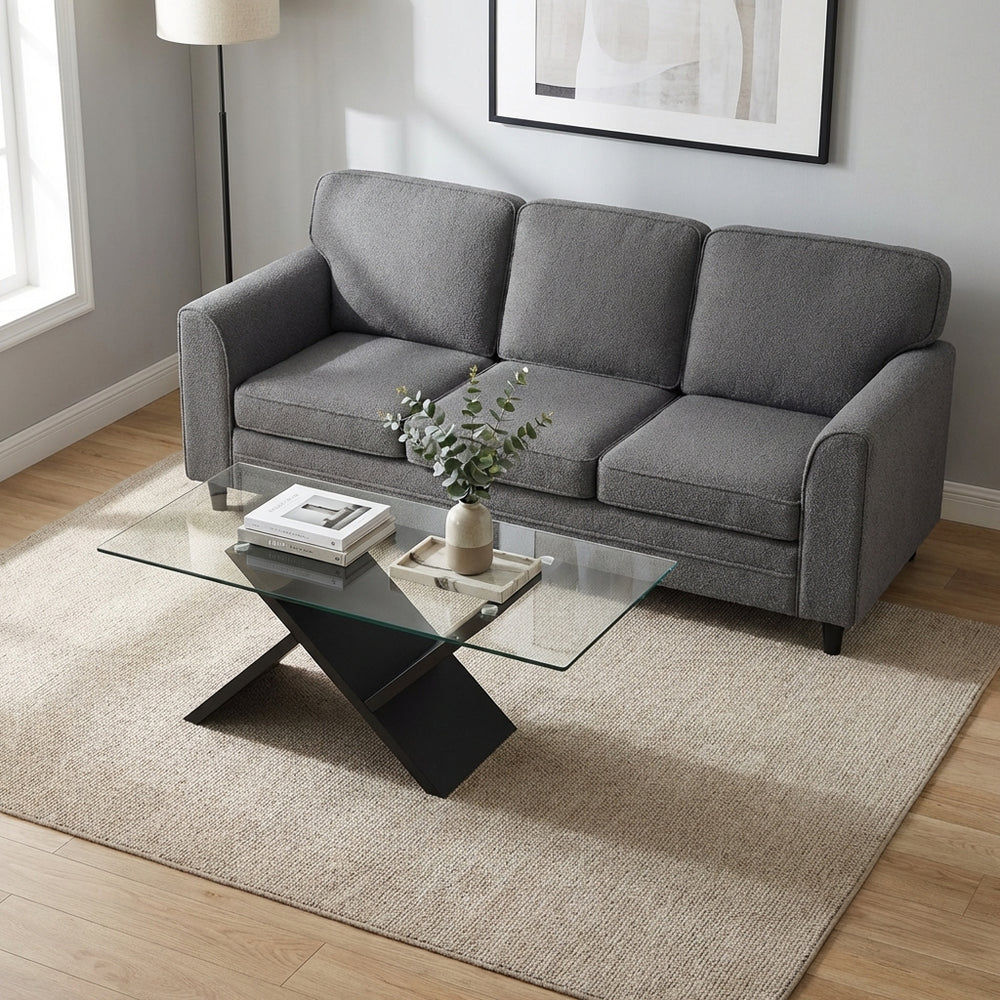 Modern 3-seat teddy velvet sofa with a 47-inch glass coffee table, perfect for stylish living room relaxation.