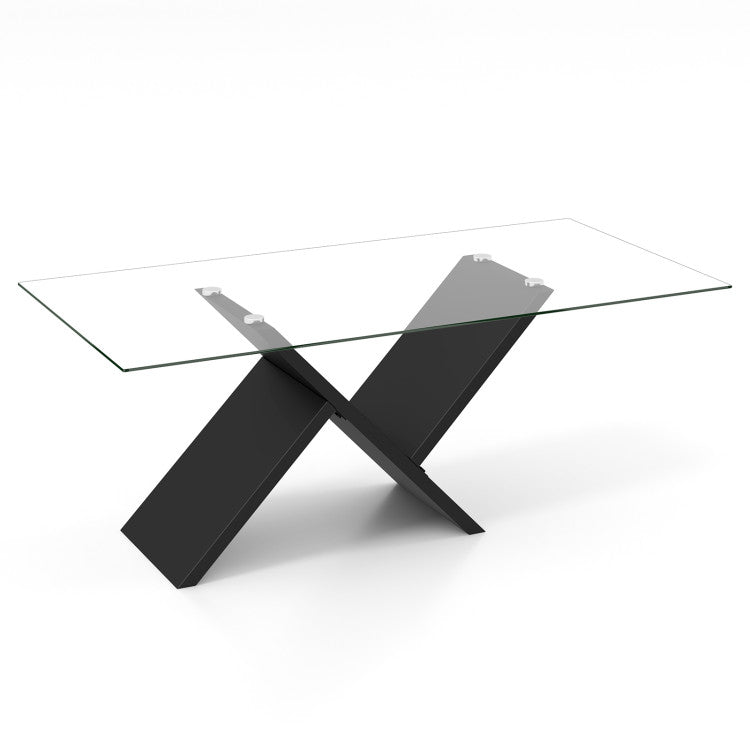 47-inch glass coffee table with a geometric black frame, perfect for modern living room aesthetics and easy maintenance.