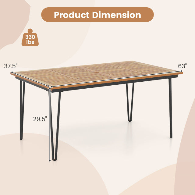 Dimensions of the 63-inch outdoor dining table with acacia wood top, designed for easy cleaning and stability.