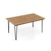 Acacia wood outdoor dining table with slatted design, 63" x 37.5", suitable for patio and garden use.
