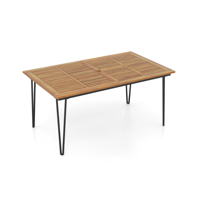 Acacia wood outdoor dining table with slatted design, 63" x 37.5", suitable for patio and garden use.