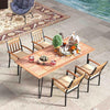 Outdoor dining table set featuring a 63" acacia wood tabletop and four ergonomic chairs with cushions, ideal for patio.