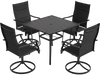 5-piece outdoor dining set featuring a 36-inch square black table and 4 swivel chairs, perfect for patios or gardens.