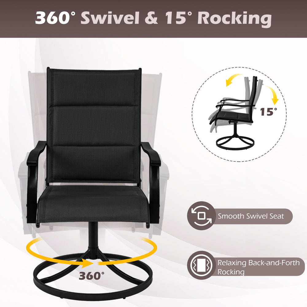 Black swivel chair with 360° rotation and 15° rocking motion, ideal for outdoor dining set comfort and flexibility.