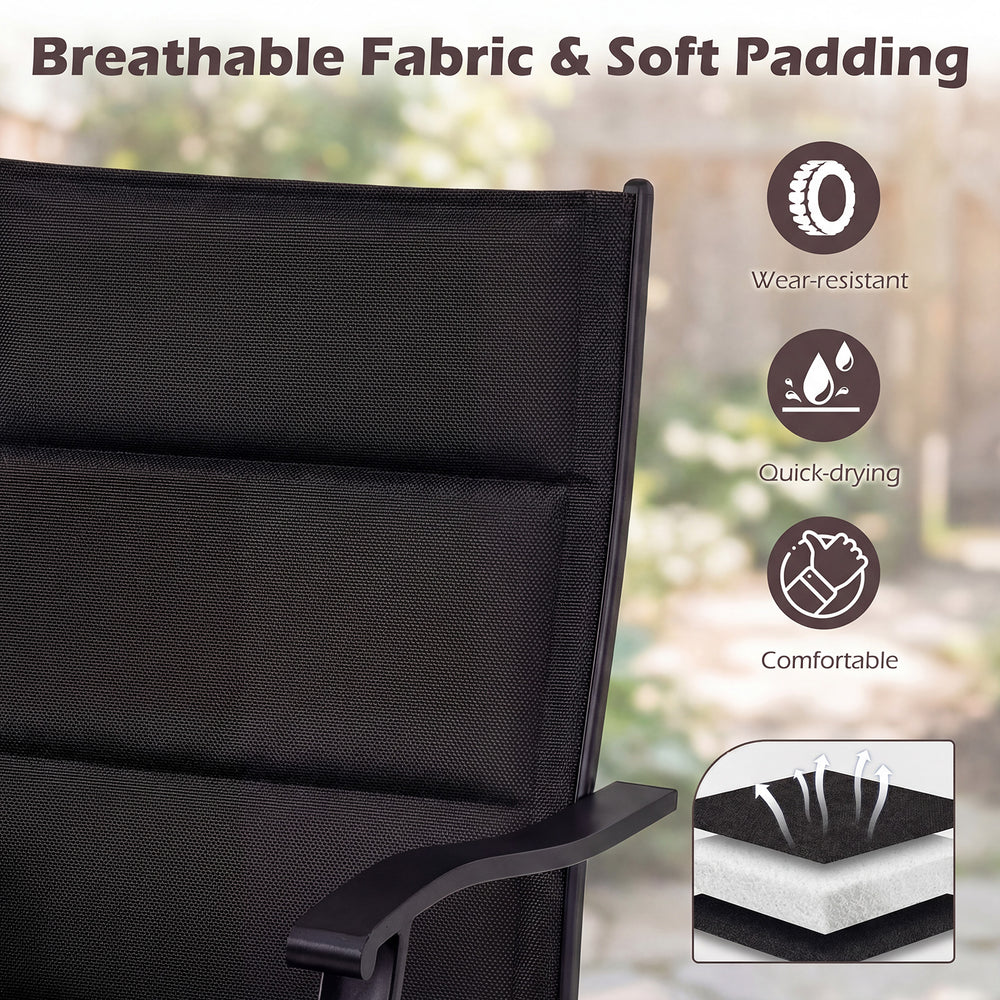 Close-up of the breathable fabric and soft padding on a swivel chair from a black outdoor dining set for comfort.