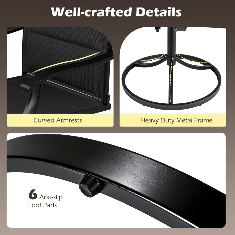 Close-up of the heavy-duty metal frame and curved armrests of the outdoor dining set with anti-slip foot pads.