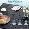 Black slatted tabletop of a 36-inch square patio table, part of a 5-piece outdoor dining set for garden or poolside use.