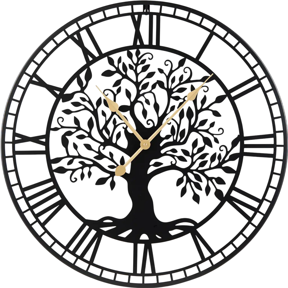 Large 27-inch black metal wall clock showcasing intricate tree of life details, designed for easy time reading and.