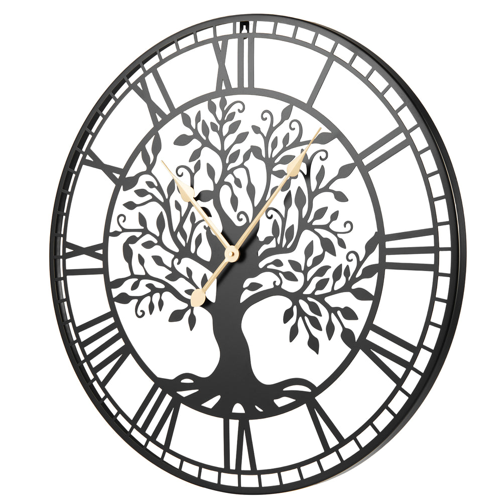 Large 27-inch black metal wall clock featuring a tree of life design, ideal for stylish home decoration.