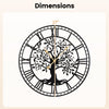 Large 27-inch black metal wall clock showcasing dimensions, designed for easy mounting and elegant wall decoration.