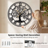 Large 27-inch black metal wall clock featuring a tree of life design, ideal for space-saving wall decoration.