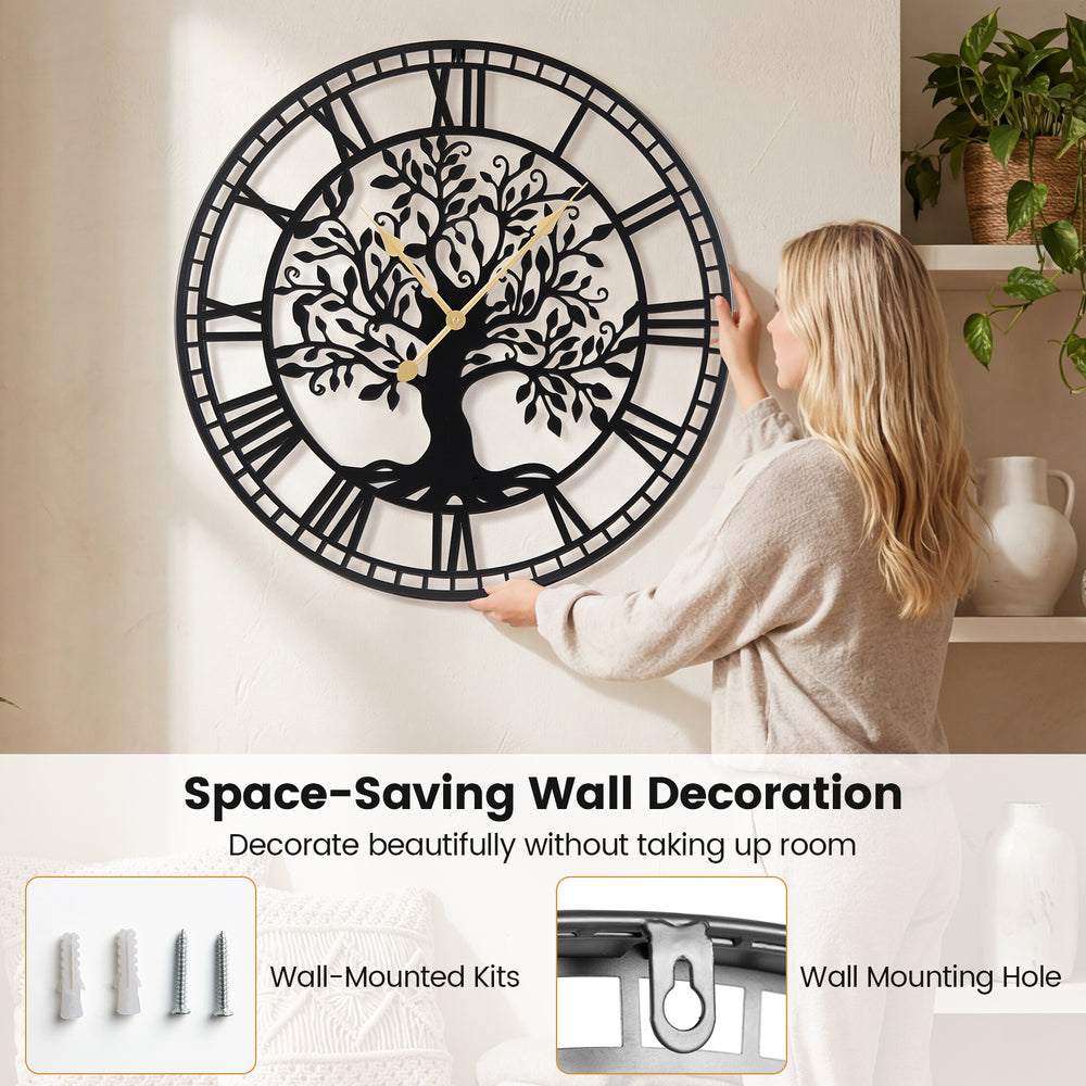 Large 27-inch black metal wall clock featuring a tree of life design, ideal for space-saving wall decoration.