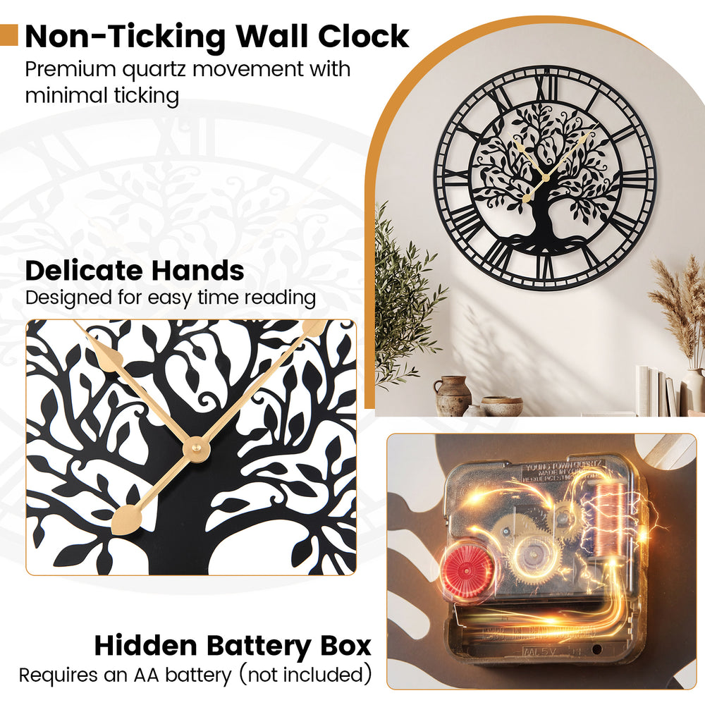 Large 27-inch black metal wall clock with tree of life design, featuring delicate hands and non-ticking quartz movement.