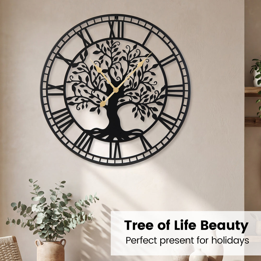Large 27-inch black metal wall clock with tree of life design, ideal for holiday gifting and stylish wall decor.