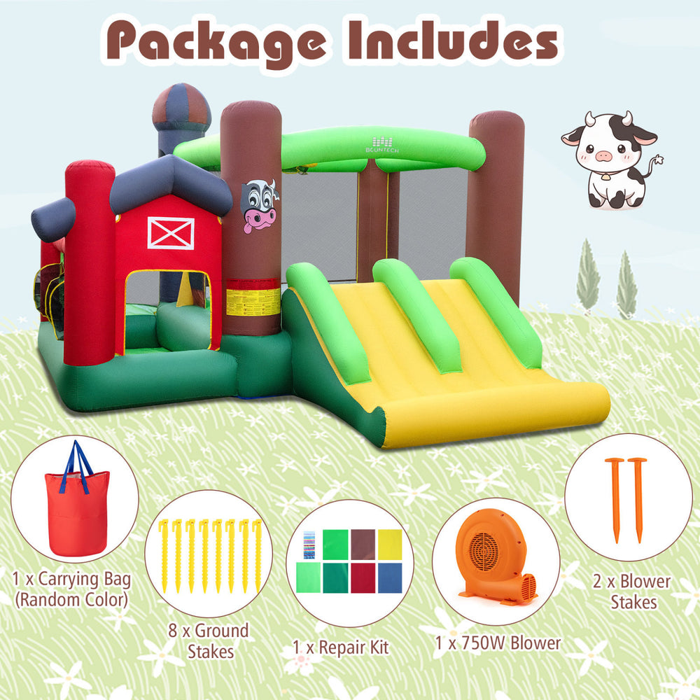 Kids Castle Slide Bouncer with dual slides and 750W blower, perfect for outdoor fun and entertainment for ages 3-12.