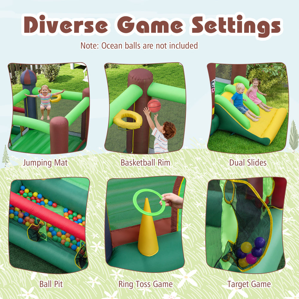 Kids Castle Slide Bouncer featuring dual slides, basketball rim, and diverse game settings for outdoor fun.