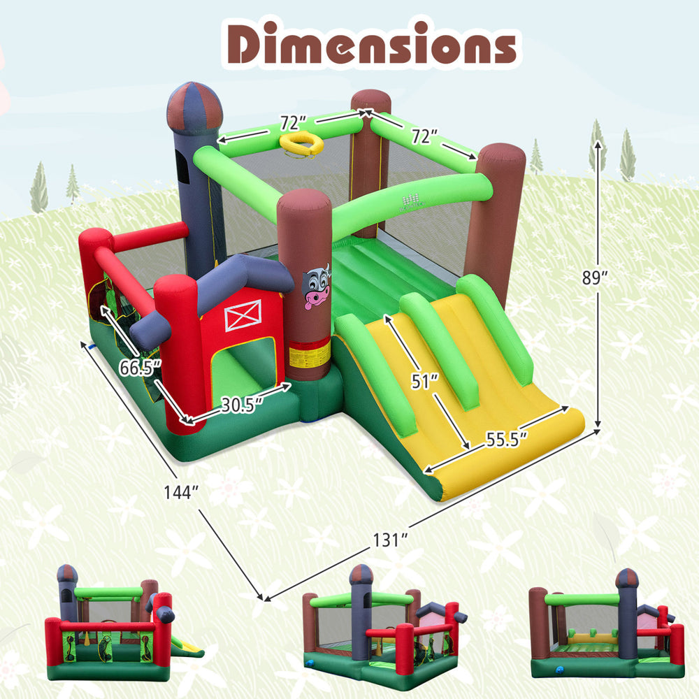 Kids Castle Slide Bouncer with dual slides and basketball rim, featuring durable PVC surfaces for outdoor fun.