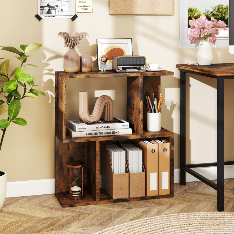 3-tier display bookshelf in rustic finish, perfect for organizing books and decor in small living spaces.