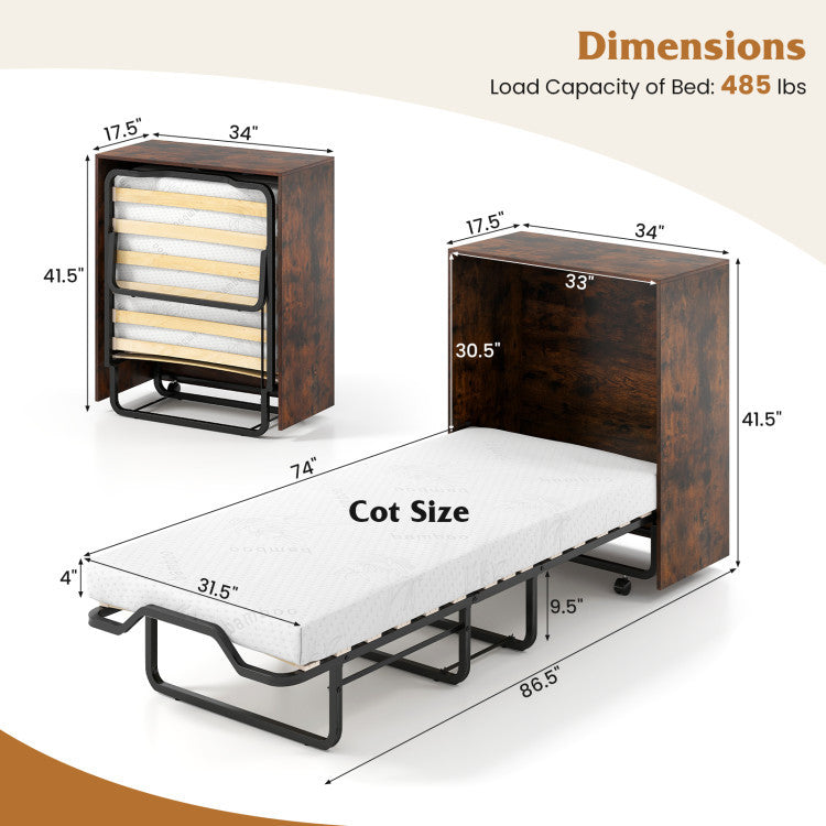 Foldable Murphy bed with dimensions, showcasing space-saving design for small apartments and overnight guests.