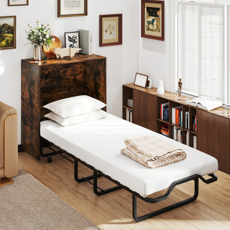 Foldable Murphy bed with teddy velvet sofa and bookshelf in a cozy living room, ideal for small spaces and guests.
