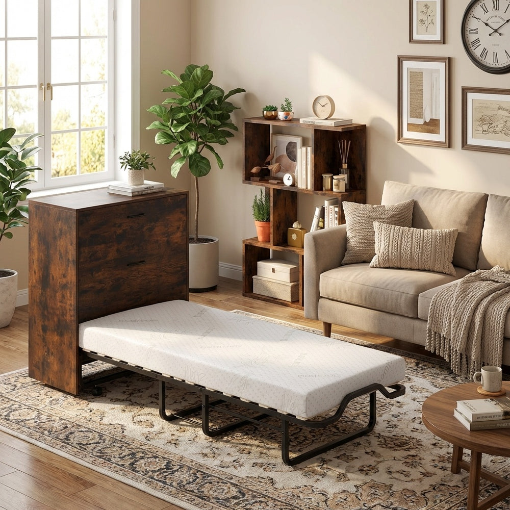 Foldable Murphy bed and teddy velvet sofa in a cozy living room, perfect for small spaces and overnight guests.