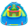 Dinosaur-themed inflatable water slide park with double slides, splash pool, and colorful bounce area for kids' fun.