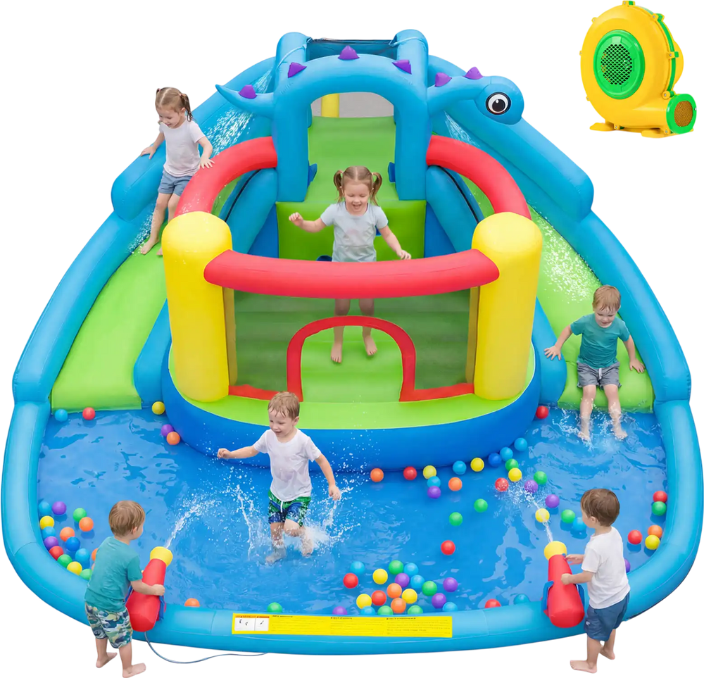 Dinosaur-themed Inflatable Water Slide Park with 950W Air Blower