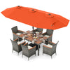 8-piece patio dining set featuring a solid acacia wood table, rattan chairs, and an orange double-sided umbrella for.