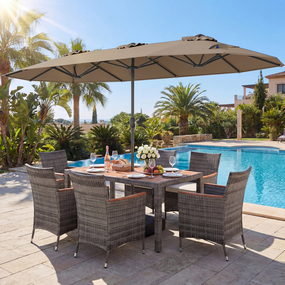 8-Piece Patio Dining Set with Double-Sided Market Umbrella-Brown - Gallery View 1 of 6