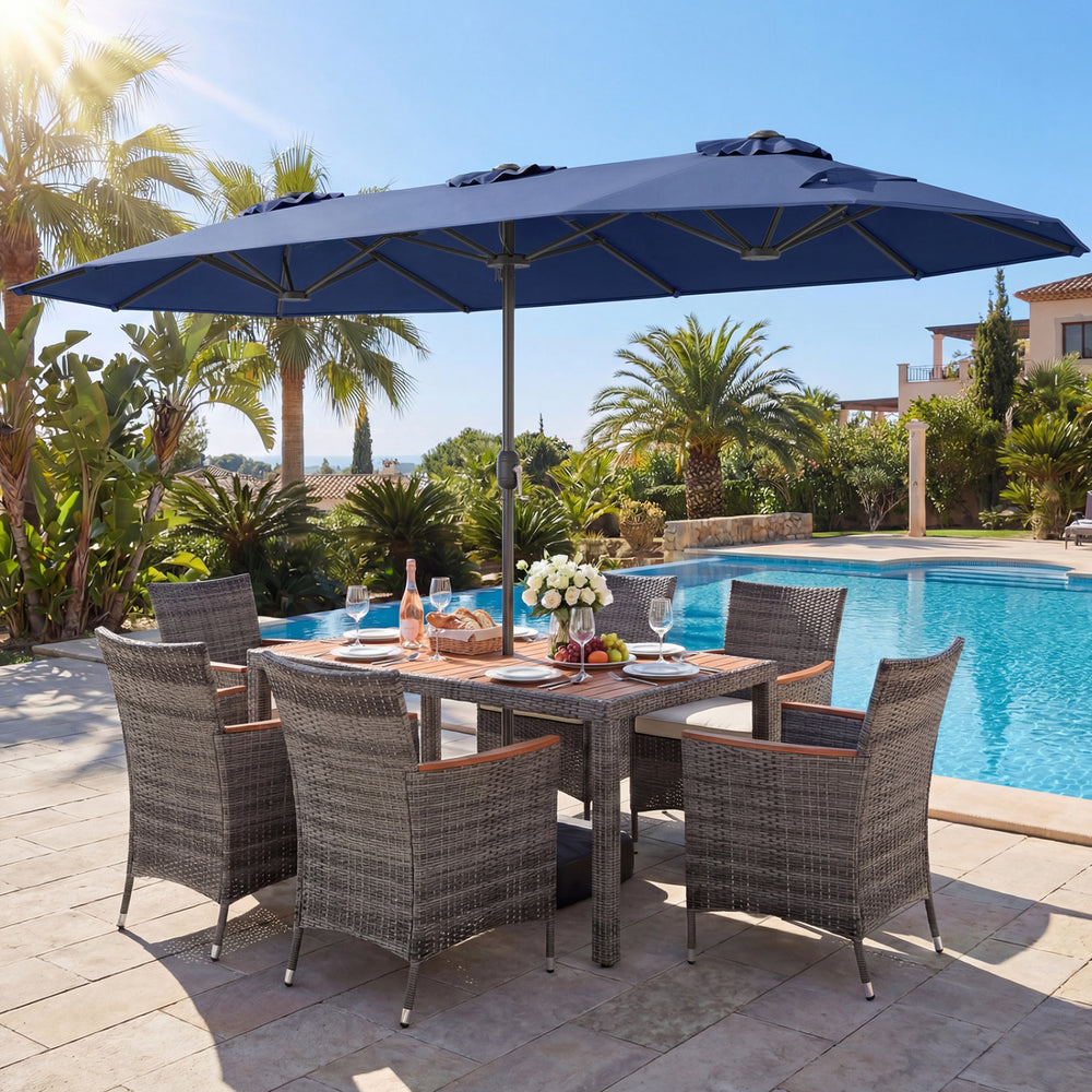8-Piece Patio Dining Set with Double-Sided Market Umbrella-Navy - Gallery View 1 of 6