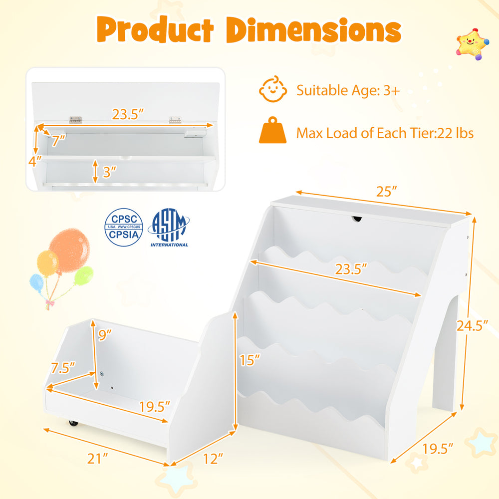 Dimensions of the 2-in-1 kids bookshelf and toy storage organizer in white, featuring 4 tiers and a top flip.