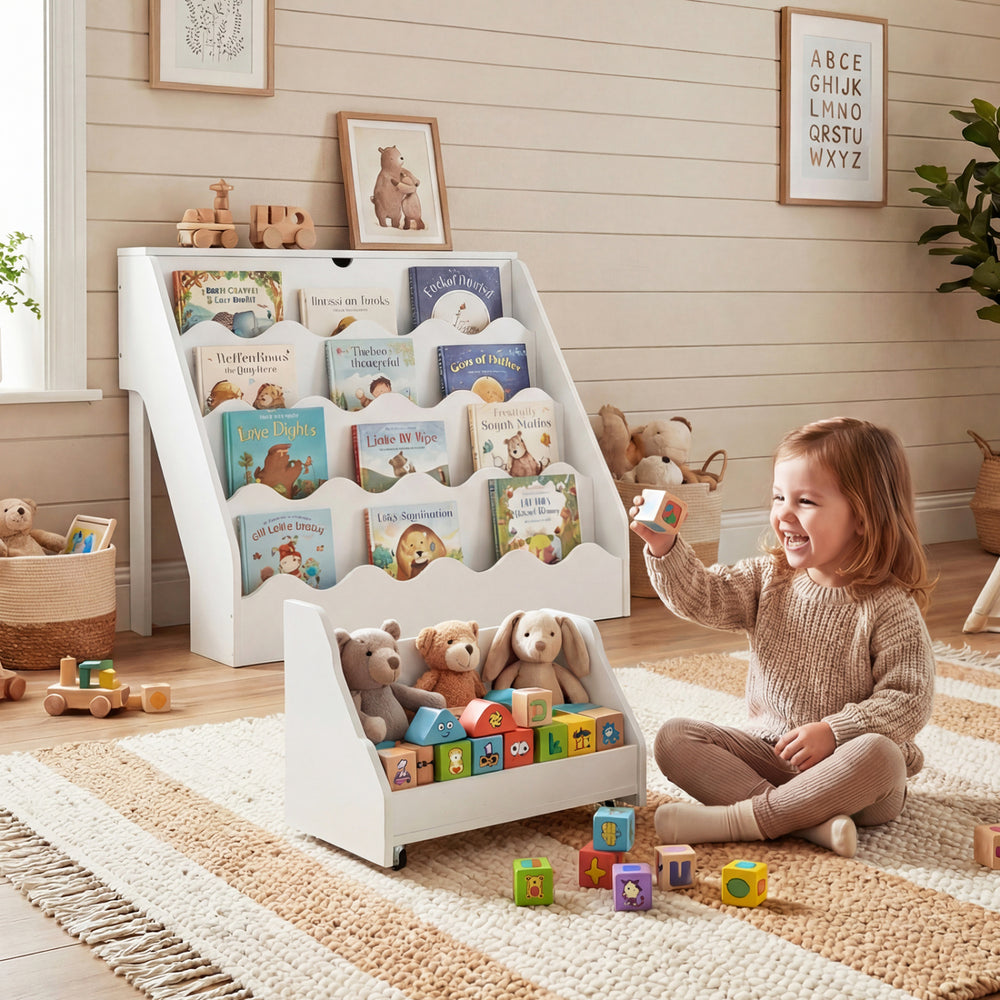 Kids bookshelf and toy storage organizer in white, featuring a 4-tier design and rolling cart for flexible play and.