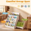 2-in-1 kids bookshelf and toy storage organizer in white with 4-tier design and flip-open compartment for easy access.