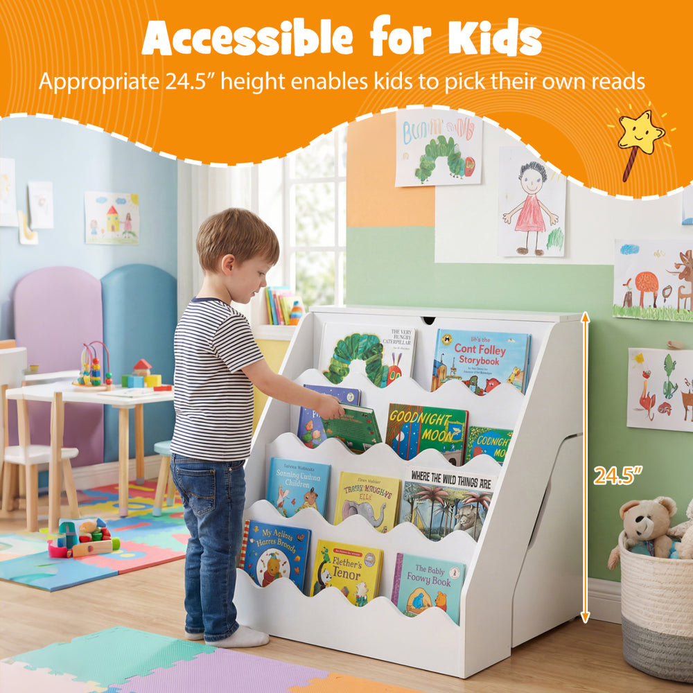 Kids bookshelf and toy storage organizer in white, 24.5" height for easy access, featuring 4 tiers and a top flip.