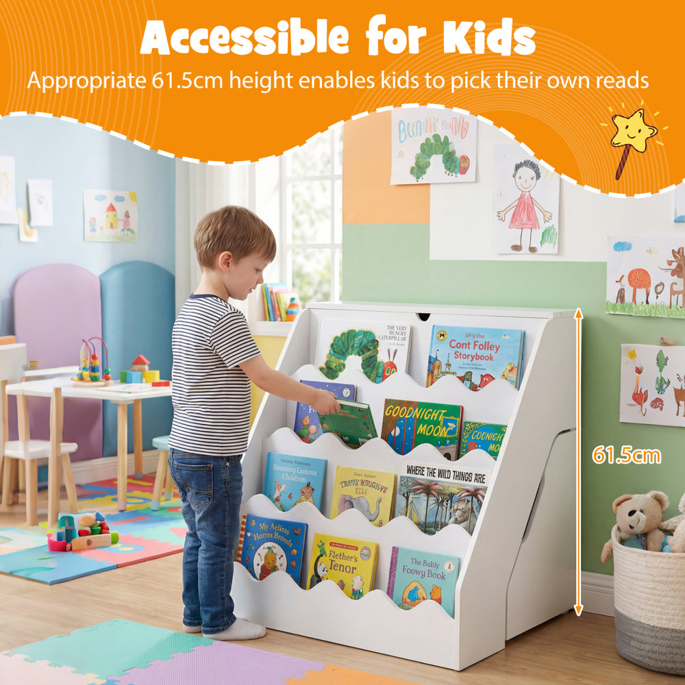 Kids' bookshelf and toy storage organizer in white, featuring 4 tiers for easy browsing at 61.5cm height for.