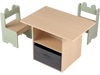 Wooden kids table and chairs set in green with storage compartments, perfect for play and study activities.