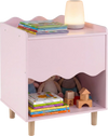 Toddler scalloped side table in pink with open compartment and sturdy rubber wood legs, ideal for kids' storage.