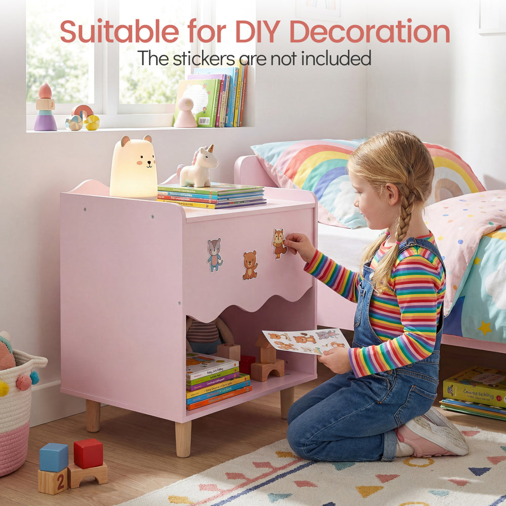 Toddler scalloped side table in pink with open compartment, perfect for kids' nightstand and DIY decoration.