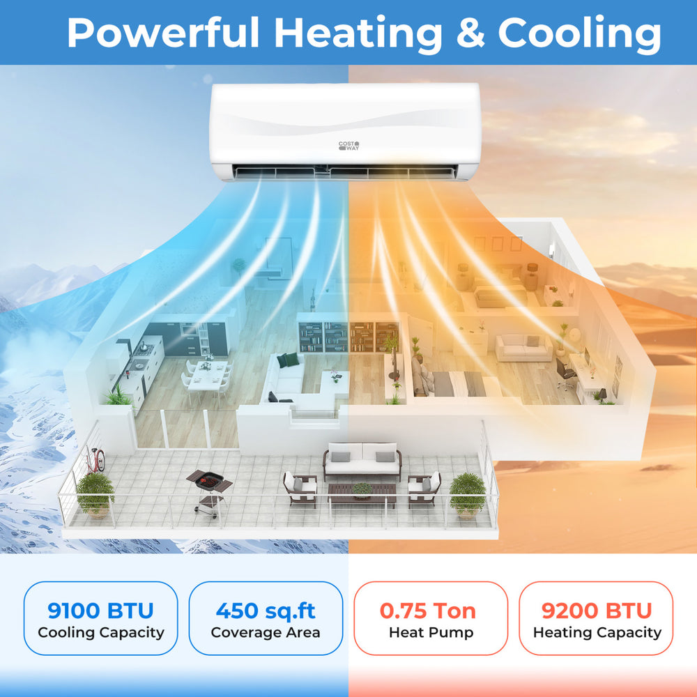Mini split air conditioner with heat pump, 9100 BTU, 4 in 1 design, for powerful heating and cooling in large spaces.