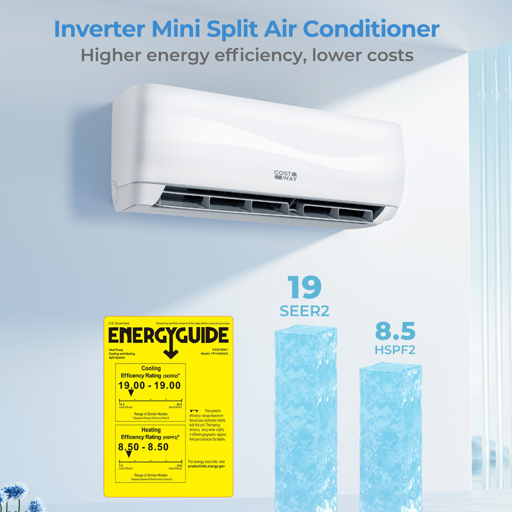 Mini split air conditioner with heat pump, 19 SEER2, remote control, 4-in-1 design for year-round comfort.