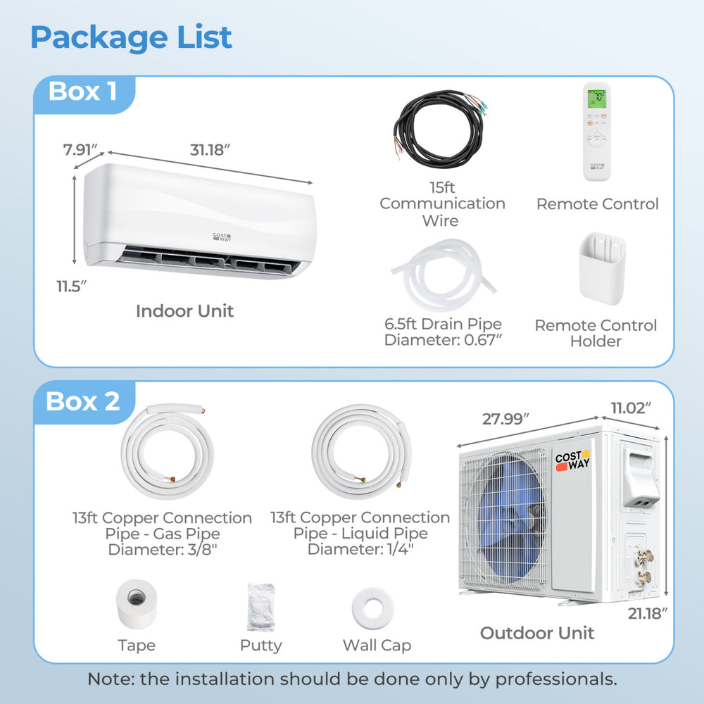 Indoor and outdoor units of the 9100 BTU Mini Split Air Conditioner with remote control and installation accessories.