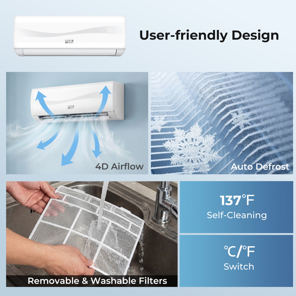 Mini split air conditioner with 4D airflow, self-cleaning filters, and remote control for year-round comfort.
