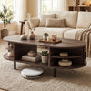 Oval coffee table with walnut finish, featuring dual side shelves and a spacious top for essentials in a cozy living.