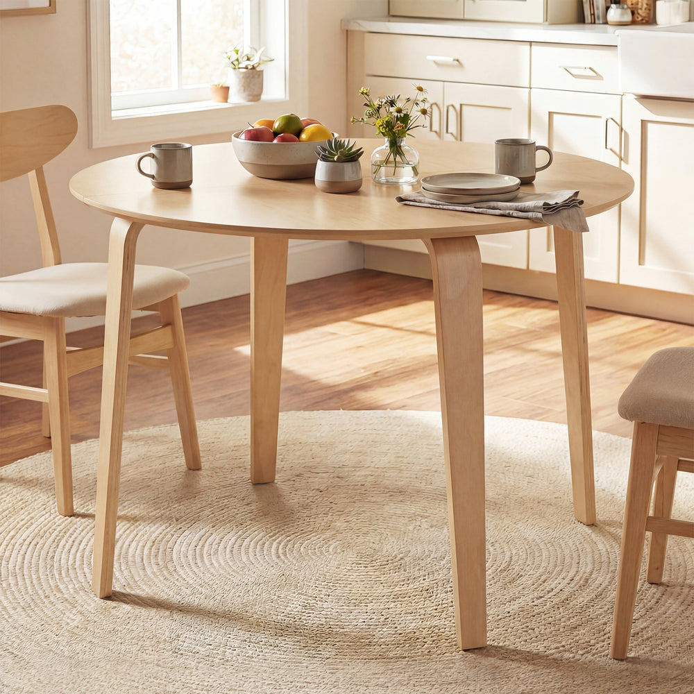 Round rubber wood dining table set with two padded chairs, perfect for kitchen or dining room use.