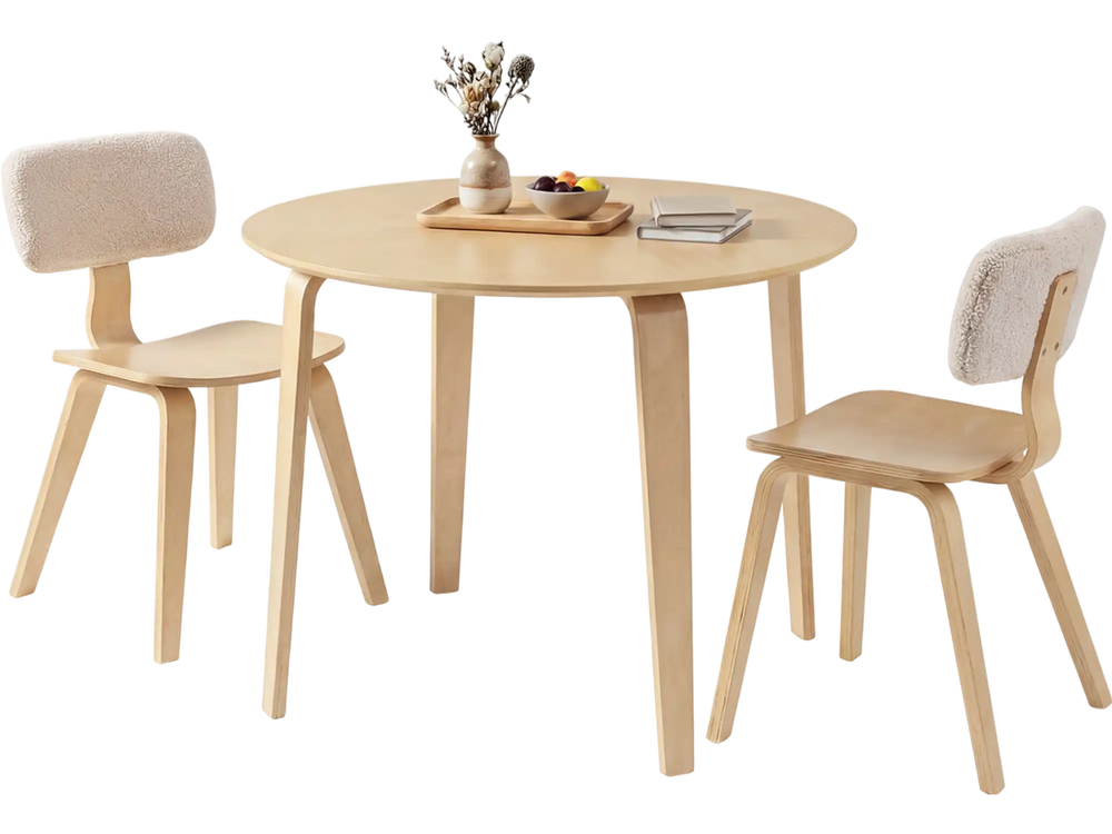 Natural rubber wood dining chairs with curved backrests and teddy velvet upholstery, designed for comfort and style.